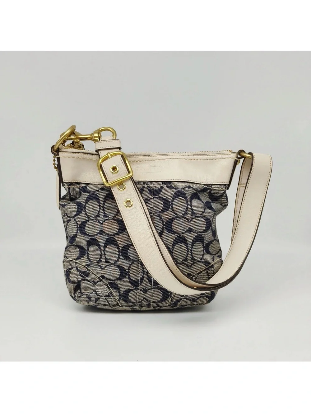 Coach Signature Denim Canvas Crossbody Bag Blue Ivory Leather